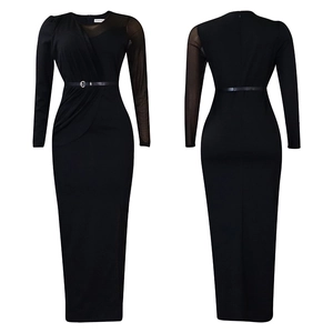 Detail of black maxi dress with mesh sleeves, slim belt, and elegant side slit design