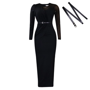 Detail view of black long sleeve dress featuring sheer mesh sleeve and pleated waist texture