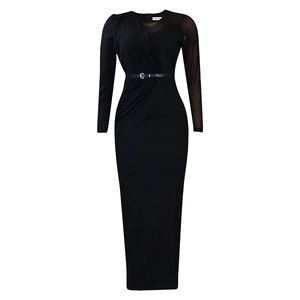 Detail of elegant black bodycon dress with asymmetric sheer mesh sleeve and belt