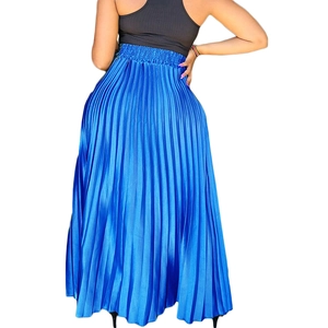 Detail of royal blue pleated high waist skirt showing satin texture and back view