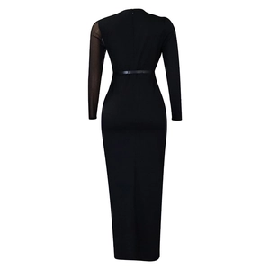 Detailed back view of a black maxi dress featuring mesh sleeve and zipper closure