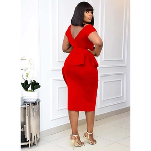 Detailed back view of a slim-fit red midi dress with V-neckline and elegant ruffle layers