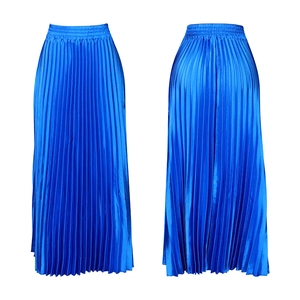 Detailed front and back views of bright blue pleated wide-leg satin trousers