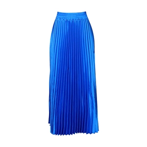 Detailed close-up of the satin texture and fine pleats on this royal blue A-line maxi skirt