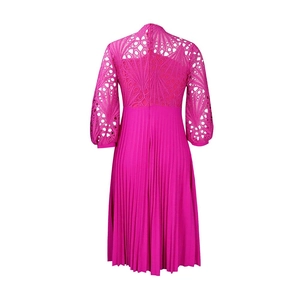 Detailed back view of magenta lace patchwork and pleated maxi dress for women