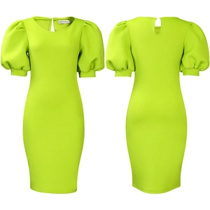Detail view of neon green puff sleeve dress featuring a classic round neck and back keyhole