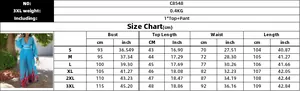 Detailed size guide table for women's V-neck chiffon top and floral wide leg pants set