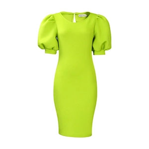 Detail shot of neon green puff sleeve dress with crew neck and back cutout closure