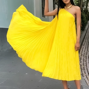 Elegant One Shoulder Pleated Midi Dress For Women Sleeveless Solid Color Large Hem Party Banquet A-Line Swing Dress Summer