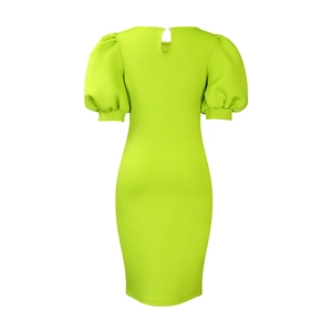 Rear view of puff sleeve dress featuring a keyhole back and pearl button detail