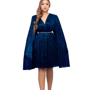 Close-up of deep blue pleated dress with V-neck, cape sleeves and metallic gold belt detail