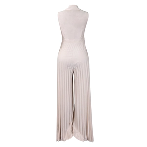 Detailed back view of a beige pleated wide-leg jumpsuit with sleeveless V-neck design