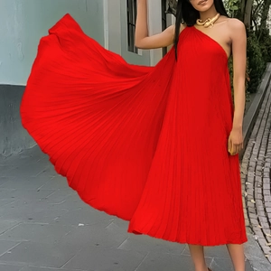 Elegant red pleated one-shoulder midi dress with a flowing A-line silhouette for women