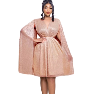 Detailed view of champagne pleated dress with V-neck and elegant cape sleeves design