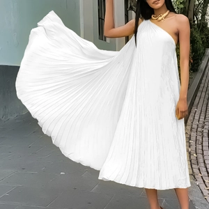 Elegant white one-shoulder pleated maxi dress with high-density pleats and flowing silhouette