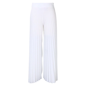 Detailed close-up showing vertical pleated texture on white high-waisted wide-leg trousers