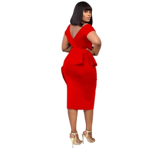 Detailed back view of a red V-neck pencil dress featuring elegant peplum waist detail