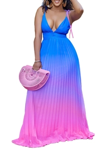 Abito lungo sexy con scollo a V profondo e sfumatura blu e rosa per donna