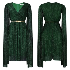 Detail of dark green V-neck pleated dress with slit sleeves and gold ring belt