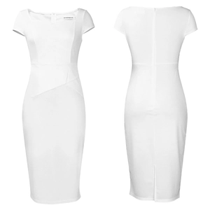 Vue détaillée avant et arrière d'une robe crayon blanche à épaules dénudées avec taille croisée