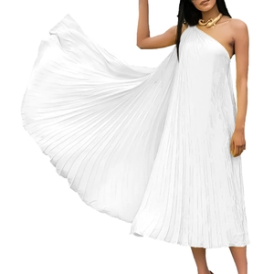 Detailed view of white pleated one-shoulder dress with elegant draping and texture