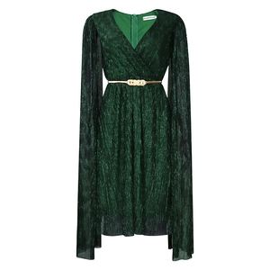 Detail view of dark green metallic pleated V-neck dress with long cape sleeves and gold belt