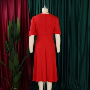 Detail view of the back of a red short sleeve dress featuring a concealed zipper closure