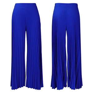 Front and back detail of royal blue high waist pleated wide leg trousers for women