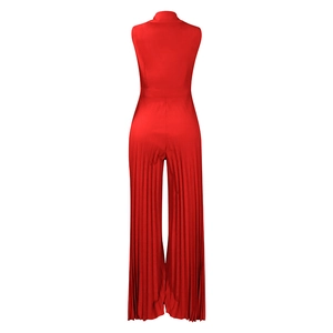 Back view of red sleeveless jumpsuit with high neck and pleated wide-leg trousers