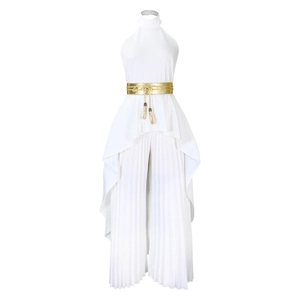 Detail of white halter neck pleated jumpsuit with gold tassel belt and wide legs