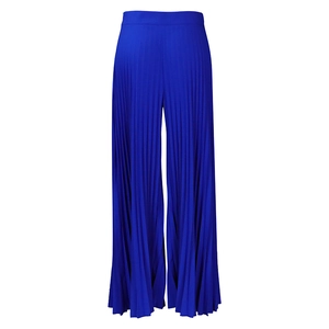 Detailed view of the royal blue pleated texture on high-waisted wide leg trousers