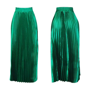 Front and back view of elegant high-waist pleated maxi skirt in glossy green satin fabric