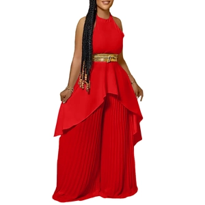 Elegant red two-piece sleeveless halter neck peplum top and pleated wide-leg pants set