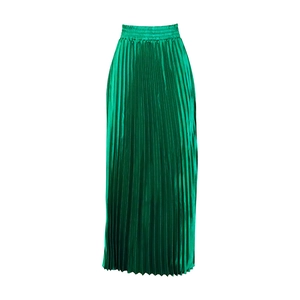 Detailed view of the emerald green pleated maxi skirt with satin sheen and elastic high waist