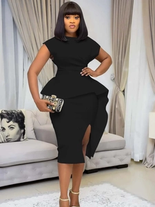 Elegant black V-neck peplum midi dress with sleeveless design and side slit for women