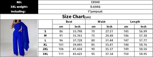 Detailed size chart for elegant off-shoulder wide-leg jumpsuit in blue with measurements