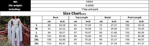 Guide des tailles pour ensemble haut col V et pantalon large, tailles S à 3XL avec mesures