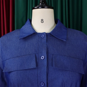 Détail d'une robe en denim avec col chemise, boutonnage simple et grandes poches plaquées