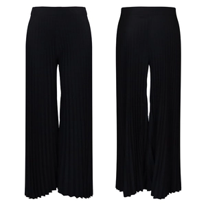 Detailed front and back view of black high-waisted pleated wide-leg pants with vertical textures