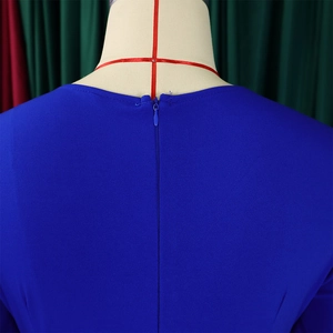 Detail view of the hidden back zipper and neckline of the royal blue slim fit dress