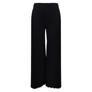 Detailed view of high-waist wide-leg trousers featuring vertical accordion pleats in black