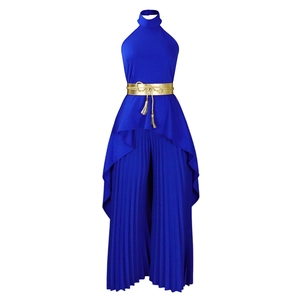 Royal blue pleated wide-leg jumpsuit with asymmetrical hem and gold tassel belt