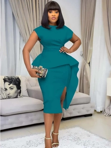 Elegant sleeveless peacock blue bodycon dress with waist peplum and stylish front slit