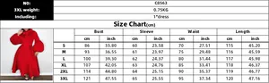 Detailed size chart for the elegant red evening dress with puff sleeves and bow tie detail