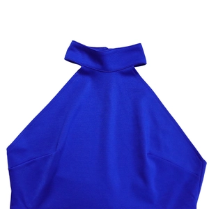 Detail of royal blue halter top showing the high neck collar and stitching craftsmanship