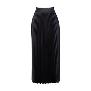 Detail of high waist elastic band and fine pleated texture on this black maxi skirt