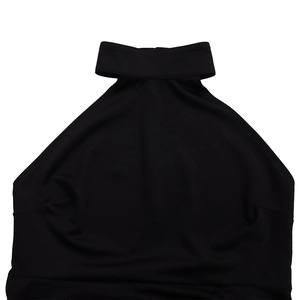 Detail view of high-quality halter neck neckline and textured knit fabric for women