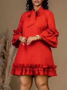 Abito Midi Casual Largo da Donna Con Scollo a Fiocco Maniche e Orlo a Volant a Strati Tinta Unita Elegante Abito a Linea A