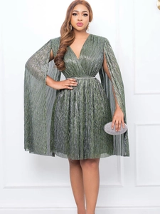 Women's Elegant Metallic Pleated Cape Sleeve V-Neck Dress With Belt Festive Party Evening Midi Dress For Ladies
