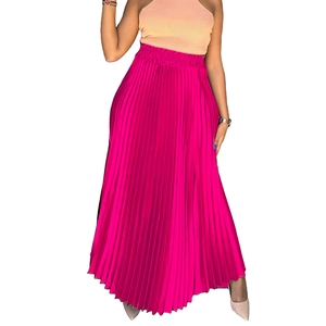 Elegant high-waisted magenta pleated maxi skirt with elastic waistband and flowy A-line cut
